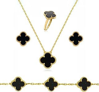 Aesthetic Black Clover Earrings Ring Bracelet Pendant Set for Girls | Valentine's Gift for Girlfriend, Fashion Jewellery for Women Necklace Set for Girls | Combo Jewellery Set for Women Gift Pack