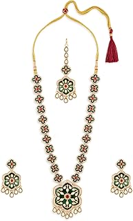 Green Meenakari Pink Dazzling Stones Embellished Necklace Earring & Maangtikka Set For Women-ZPFK21659