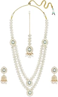 Gold Tone Dazzling Stones Layered Necklace Earring & Maangtikka Set For Women-ZPFK21299